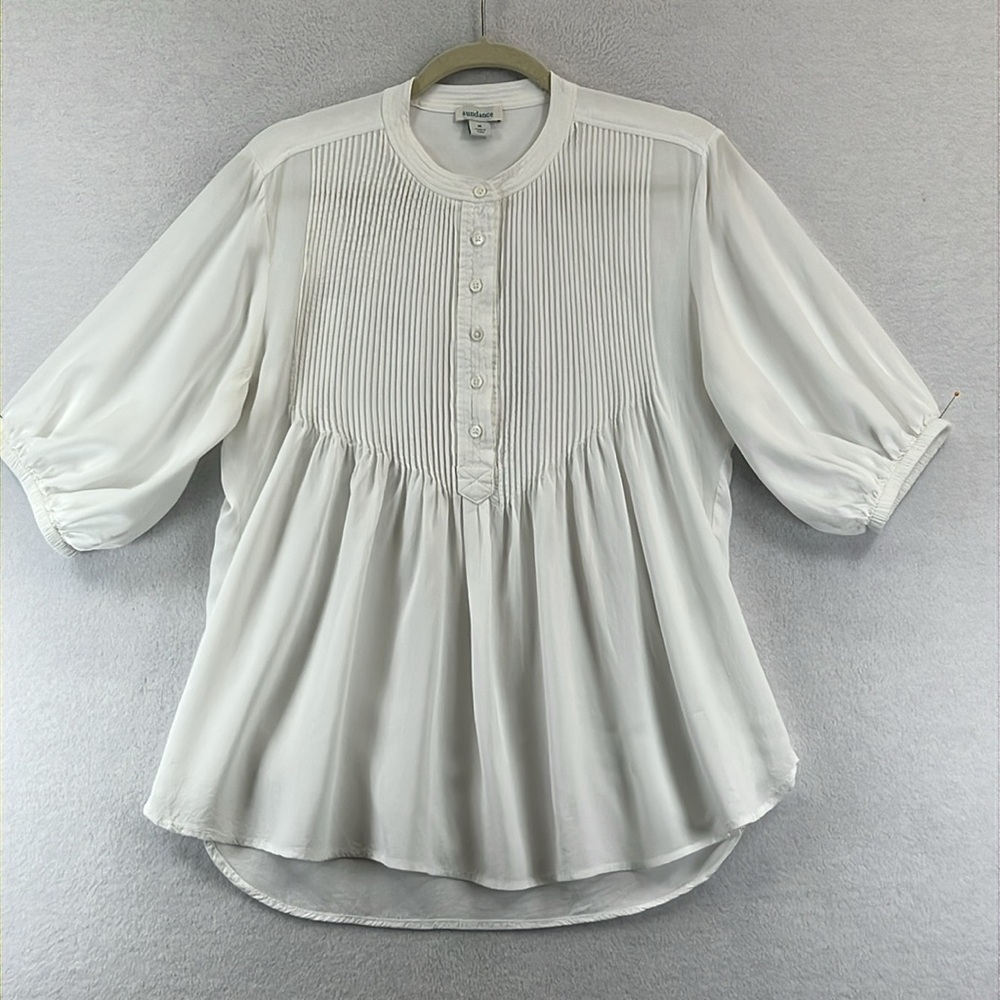 Sundance Pintuck Blouse Size M White Rayon Full Elbow Sleeves Button Front EUC